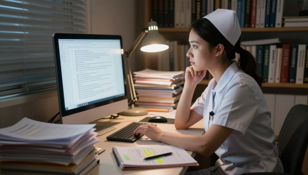 A dimly lit study room filled with books and stacks of nursing exam papers, focusing on a nurse in professional attire looking thoughtfully at a computer screen displaying complex SATA questions. In the foreground, a notebook with notes and highlighted texts is visible, symbolizing the challenges of studying. The middle section features the nurse with a determined expression, illuminated by a desk lamp that casts warm light, enhancing the focused atmosphere. The background is slightly blurred, showcasing shelves filled with nursing textbooks, creating depth. Soft shadows play across the room, conveying a sense of intensity and concentration. Overall, the image embodies the struggle and determination faced by nursing students preparing for NCLEX SATA questions, capturing the essence of the challenge.