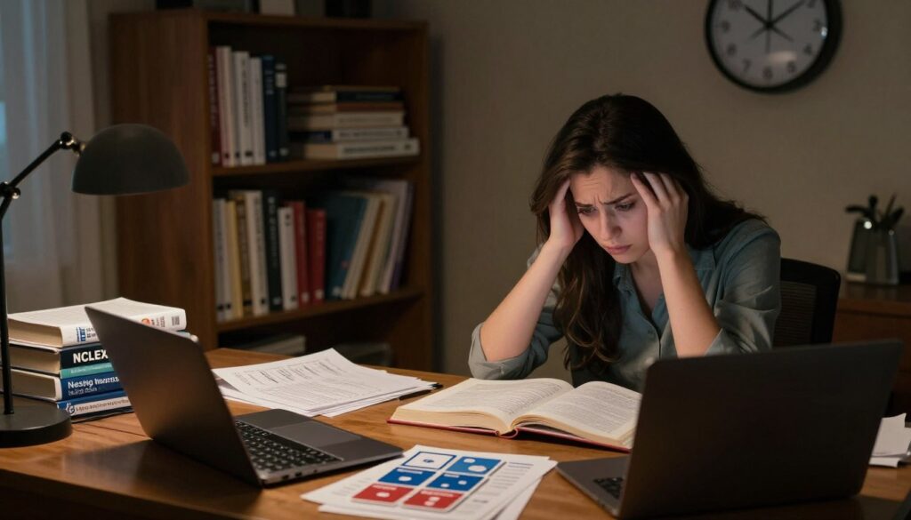 A dimly lit study room filled with nursing textbooks and NCLEX preparation materials. In the foreground, a distressed nursing student sits at a wooden desk, surrounded by open books, flashcards, and a laptop, wearing modest casual clothing. Her expression reflects anxiety as she reviews complex nursing concepts. In the middle, scattered papers and charts represent weak fundamentals, symbolizing confusion and the challenges of NCLEX preparation. The background features a shelf lined with medical references and a wall clock ticking ominously, emphasizing the pressure of time. The overall mood is tense and serious, with warm, dim lighting casting soft shadows to enhance the atmosphere of struggle and determination. A dimly lit study room filled with nursing textbooks and NCLEX preparation materials. In the foreground, a distressed nursing student sits at a wooden desk, surrounded by open books, flashcards, and a laptop, wearing modest casual clothing. Her expression reflects anxiety as she reviews complex nursing concepts. In the middle, scattered papers and charts represent weak fundamentals, symbolizing confusion and the challenges of NCLEX preparation. The background features a shelf lined with medical references and a wall clock ticking ominously, emphasizing the pressure of time. The overall mood is tense and serious, with warm, dim lighting casting soft shadows to enhance the atmosphere of struggle and determination.