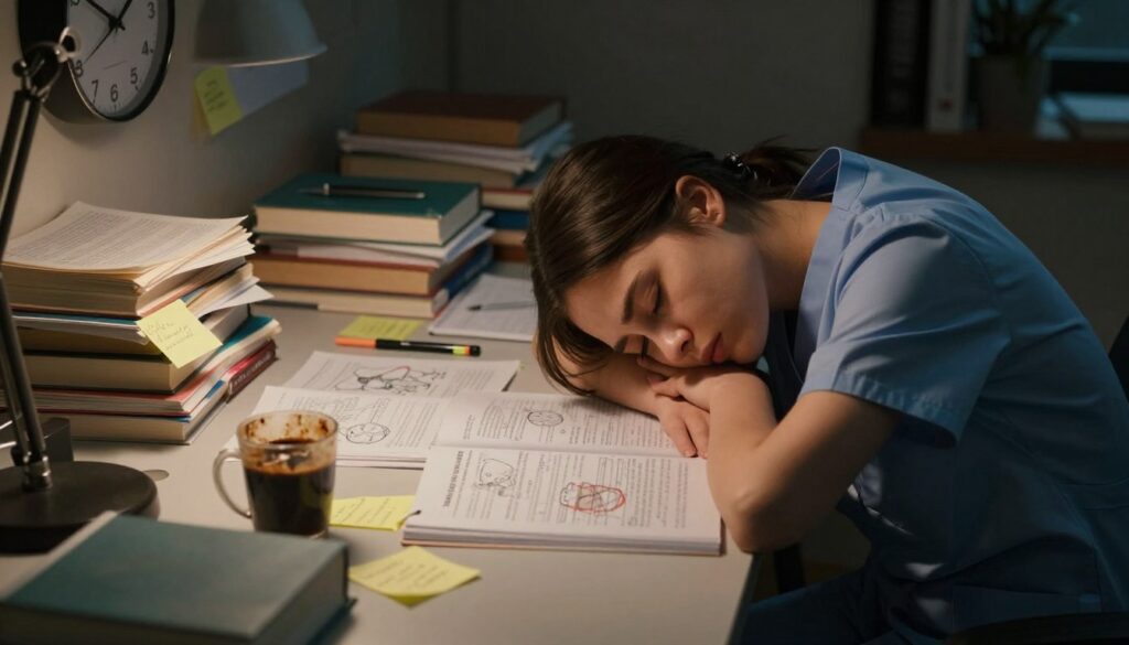 A dimly lit study room filled with scattered nursing textbooks and notes, depicting the overwhelming stress of nursing exam burnout. In the foreground, a tired nursing student in professional attire sits at a cluttered desk, their head resting on one hand, eyes closed in exhaustion. A half-empty coffee cup and highlighters are strewn about, symbolizing late-night study sessions. In the middle, open textbooks display complex medical diagrams, while post-it notes with reminders clutter the desk. In the background, a wall clock shows late night hours, highlighting the ongoing strain. The atmosphere is heavy with fatigue, emphasizing cognitive overload and anxiety, with soft, warm lighting casting long shadows to evoke a sense of weariness and intensity. A dimly lit study room filled with scattered nursing textbooks and notes, depicting the overwhelming stress of nursing exam burnout. In the foreground, a tired nursing student in professional attire sits at a cluttered desk, their head resting on one hand, eyes closed in exhaustion. A half-empty coffee cup and highlighters are strewn about, symbolizing late-night study sessions. In the middle, open textbooks display complex medical diagrams, while post-it notes with reminders clutter the desk. In the background, a wall clock shows late night hours, highlighting the ongoing strain. The atmosphere is heavy with fatigue, emphasizing cognitive overload and anxiety, with soft, warm lighting casting long shadows to evoke a sense of weariness and intensity.