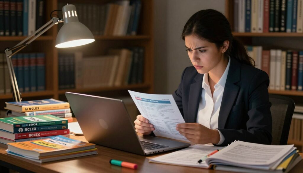 A dimly lit study room filled with textbooks and examination materials, focusing on a table cluttered with NCLEX study guides and highlighters. In the foreground, a determined nursing student, wearing professional business attire, sits at the table with a focused expression, reading through challenging practice questions on their laptop. Soft, warm lighting from a desk lamp casts a cozy glow, highlighting their furrowed brow and the colorful study aids around them. In the background, shelves filled with nursing reference books create a scholarly atmosphere. The mood is one of concentration and diligence, emphasizing the seriousness of preparing for the hardest questions on the NCLEX. Capture this scene with a shallow depth of field to blur the background slightly, drawing attention to the student’s intense study efforts. A dimly lit study room filled with textbooks and examination materials, focusing on a table cluttered with NCLEX study guides and highlighters. In the foreground, a determined nursing student, wearing professional business attire, sits at the table with a focused expression, reading through challenging practice questions on their laptop. Soft, warm lighting from a desk lamp casts a cozy glow, highlighting their furrowed brow and the colorful study aids around them. In the background, shelves filled with nursing reference books create a scholarly atmosphere. The mood is one of concentration and diligence, emphasizing the seriousness of preparing for the hardest questions on the NCLEX. Capture this scene with a shallow depth of field to blur the background slightly, drawing attention to the student’s intense study efforts.