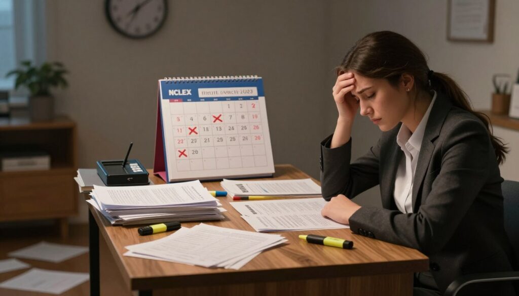 A dimly lit study room with a wooden desk cluttered with NCLEX study materials, including textbooks, practice exams, and highlighters. In the foreground, a worried nursing student sits at the desk, wearing professional business attire, showing signs of distress with furrowed brows and a hand on their forehead. Papers are scattered on the floor, symbolizing confusion and anxiety. In the middle ground, a calendar prominently features the date of the upcoming exam marked in red, with days crossed off, emphasizing urgency. In the background, a wall clock ticks away, adding tension to the atmosphere. Soft, warm lighting creates a moody, contemplative ambiance, suggesting the weight of impending failure.