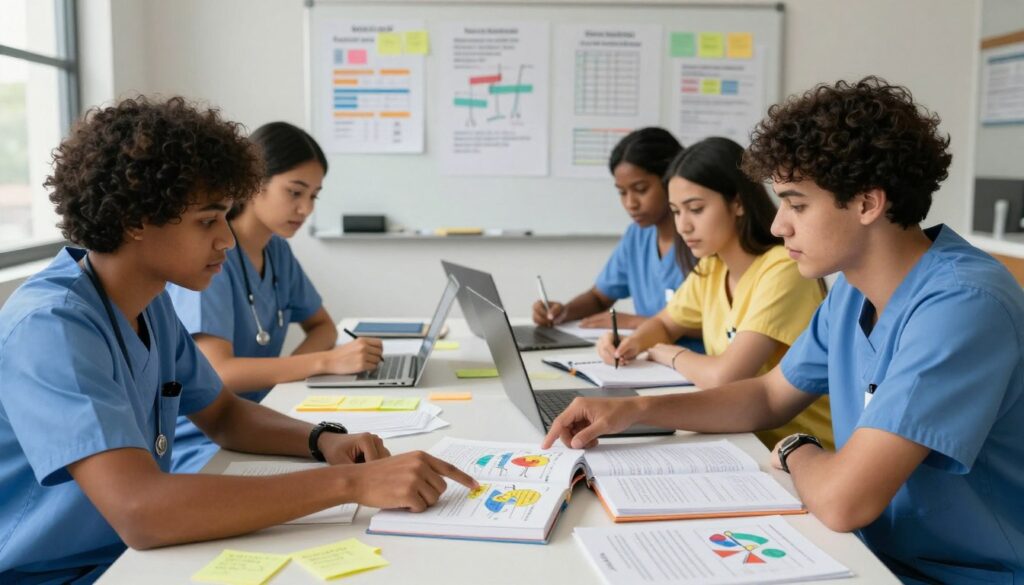 A diverse group of four nursing students seated around a table in a well-lit study room, engaged in a collaborative NCLEX Med-Surg study session. In the foreground, a male student points to a large open textbook filled with colorful diagrams and notes, while a female student takes notes on a laptop. The middle ground features sticky notes and study materials scattered around them, creating an organized yet vibrant learning environment. In the background, a whiteboard filled with charts and study strategies adds depth, with natural light streaming through a window, casting soft shadows. The atmosphere is focused and energetic, emphasizing teamwork and determination in a professional setting. A diverse group of four nursing students seated around a table in a well-lit study room, engaged in a collaborative NCLEX Med-Surg study session. In the foreground, a male student points to a large open textbook filled with colorful diagrams and notes, while a female student takes notes on a laptop. The middle ground features sticky notes and study materials scattered around them, creating an organized yet vibrant learning environment. In the background, a whiteboard filled with charts and study strategies adds depth, with natural light streaming through a window, casting soft shadows. The atmosphere is focused and energetic, emphasizing teamwork and determination in a professional setting.