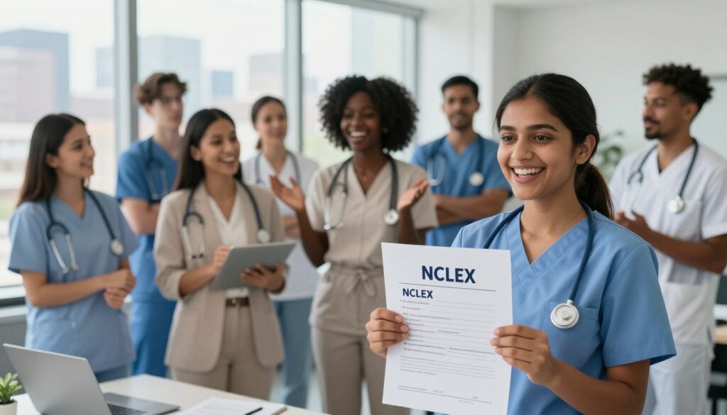 A diverse group of international nurses celebrating in a brightly lit office, showing excitement and relief after receiving their NCLEX results. The foreground features a South Asian nurse in professional attire holding up her results, radiating joy. In the middle, another nurse of African descent, dressed in modest professional wear, is discussing next steps with her colleagues, who appear supportive and engaged. The background displays a large window with a view of a city skyline, symbolizing new opportunities. Soft, natural lighting enhances the uplifting atmosphere, capturing the hope and determination of these professionals as they embark on their new journey in nursing. The camera angle is slightly elevated, offering a dynamic perspective of the supportive environment. A diverse group of international nurses celebrating in a brightly lit office, showing excitement and relief after receiving their NCLEX results. The foreground features a South Asian nurse in professional attire holding up her results, radiating joy. In the middle, another nurse of African descent, dressed in modest professional wear, is discussing next steps with her colleagues, who appear supportive and engaged. The background displays a large window with a view of a city skyline, symbolizing new opportunities. Soft, natural lighting enhances the uplifting atmosphere, capturing the hope and determination of these professionals as they embark on their new journey in nursing. The camera angle is slightly elevated, offering a dynamic perspective of the supportive environment.