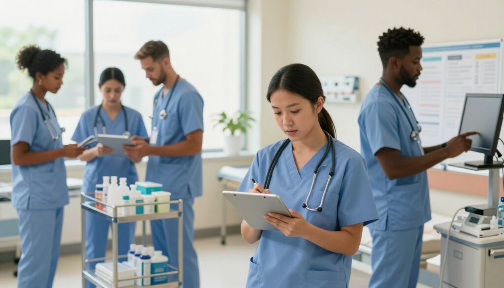 A diverse group of registered nurses (RNs) working collaboratively in a modern hospital setting. In the foreground, a female nurse of Asian descent, wearing scrubs and a stethoscope, is attentively taking notes on a digital tablet while discussing a patient case with a male nurse of African descent, who is checking a monitor. The middle ground features a nurse of Hispanic descent organizing medical supplies at a nearby cart, showcasing teamwork and professionalism. In the background, large windows allow natural light to flood the room, highlighting medical equipment and a whiteboard filled with notes. The atmosphere is vibrant and focused, capturing the essence of a busy healthcare environment. Bright, warm lighting enhances the scene, suggesting a sense of purpose and dedication among the nurses.