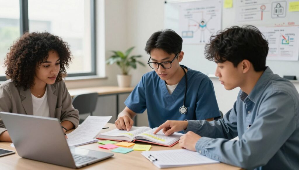 A diverse group of three nursing students engaged in a collaborative study session in a bright, modern study room. In the foreground, a female student with curly hair is reviewing notes on her laptop, while a male student with glasses points to a textbook filled with highlighted passages. The middle ground features an open study guide and colorful sticky notes scattered across the table, hinting at exam prep strategies. The background shows a whiteboard filled with diagrams and nursing concepts. Soft, natural light filters in through large windows, creating an inviting atmosphere of teamwork and focus. The students are dressed in smart casual attire, embodying a professional yet approachable feel. The overall mood is one of determination and camaraderie, essential for NCLEX preparation. A diverse group of three nursing students engaged in a collaborative study session in a bright, modern study room. In the foreground, a female student with curly hair is reviewing notes on her laptop, while a male student with glasses points to a textbook filled with highlighted passages. The middle ground features an open study guide and colorful sticky notes scattered across the table, hinting at exam prep strategies. The background shows a whiteboard filled with diagrams and nursing concepts. Soft, natural light filters in through large windows, creating an inviting atmosphere of teamwork and focus. The students are dressed in smart casual attire, embodying a professional yet approachable feel. The overall mood is one of determination and camaraderie, essential for NCLEX preparation.