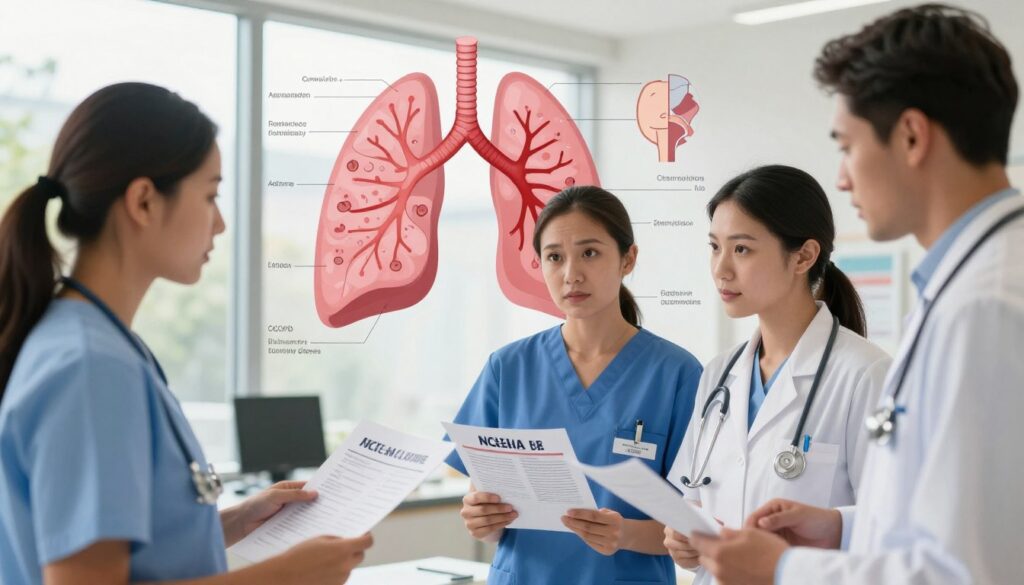 A dynamic and informative illustration showcasing respiratory diseases essential for NCLEX knowledge. In the foreground, a diverse group of three nursing professionals in professional business attire, engaged in discussion, reviewing charts portraying common respiratory illnesses such as asthma, pneumonia, and chronic obstructive pulmonary disease (COPD). In the mid-ground, include detailed diagrams highlighting the anatomy of the respiratory system, with labels and illustrations depicting symptoms. The background should feature a softly lit hospital environment, with clear windows allowing natural light to filter in, symbolizing a healing space. Capture a sense of collaboration and urgency, emphasizing the importance of respiratory health with a warm, inviting color palette. Adjust the angle to create depth, focusing on the interaction between the healthcare professionals and the educational materials.