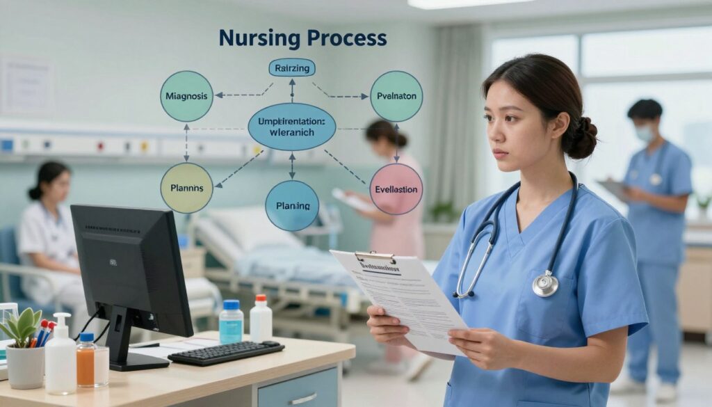 A dynamic and informative scene illustrating the "Nursing Process," with a focused nursing professional in the foreground, contemplating a complex patient chart. The nurse, dressed in professional scrubs, is surrounded by symbolic visual elements like a flowchart depicting assessment, diagnosis, planning, implementation, and evaluation phases. In the middle ground, a well-organized nursing station with monitors and medical supplies, capturing a busy yet efficient healthcare environment. The background features soft-focus hospital elements, such as patient rooms and medical staff in motion, to suggest a vibrant atmosphere. The lighting is bright and clinical, emphasizing clarity and focus, with a slight depth of field effect to highlight the nurse and the flowchart. The overall mood conveys seriousness and diligence, embodying the challenges nurses face in understanding and applying the nursing process. A dynamic and informative scene illustrating the "Nursing Process," with a focused nursing professional in the foreground, contemplating a complex patient chart. The nurse, dressed in professional scrubs, is surrounded by symbolic visual elements like a flowchart depicting assessment, diagnosis, planning, implementation, and evaluation phases. In the middle ground, a well-organized nursing station with monitors and medical supplies, capturing a busy yet efficient healthcare environment. The background features soft-focus hospital elements, such as patient rooms and medical staff in motion, to suggest a vibrant atmosphere. The lighting is bright and clinical, emphasizing clarity and focus, with a slight depth of field effect to highlight the nurse and the flowchart. The overall mood conveys seriousness and diligence, embodying the challenges nurses face in understanding and applying the nursing process.