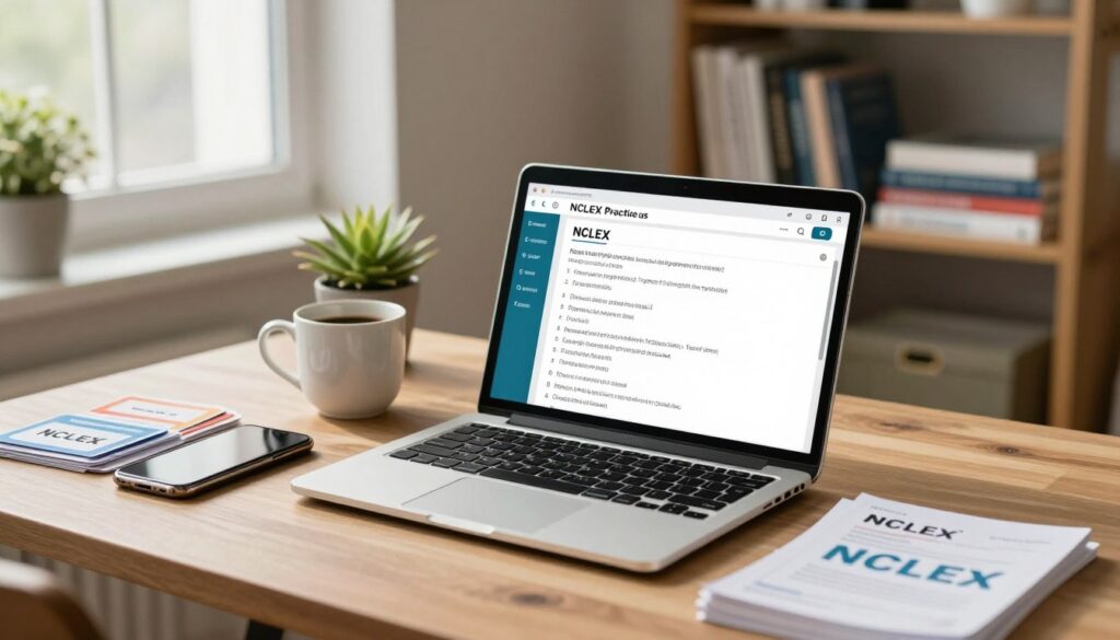 A dynamic and organized workspace featuring an open laptop displaying NCLEX practice questions on the screen. In the foreground, a smartphone rests next to a neatly arranged set of colorful flashcards labeled "NCLEX." The middle ground includes a cozy coffee cup and a small potted plant, creating a warm and inviting atmosphere. The background shows a bookshelf filled with nursing textbooks and study materials, emphasizing a dedicated study area. Soft, natural lighting filters through a nearby window, casting gentle shadows and enhancing the tranquil study mood. The scene conveys a sense of focused learning and accessibility, perfect for on-the-go study apps.
