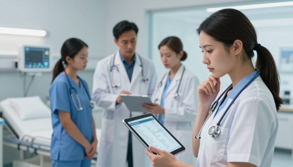 A dynamic scene illustrating the theme of clinical judgment in nursing, featuring a diverse group of three healthcare professionals in a modern hospital setting. In the foreground, a thoughtful nurse in professional attire examines a digital patient chart on a sleek tablet, showcasing focus and expertise. In the middle ground, a doctor discusses a treatment plan with a nursing student, emphasizing knowledge sharing and mentorship. The background reveals high-tech medical equipment and a bright, well-lit hospital room, conveying an atmosphere of innovation and teamwork. Soft, ambient lighting enhances the sense of professionalism and care. The angle is slightly elevated, offering a comprehensive view of collaboration in action, underscoring the importance of clinical judgment in the next generation of nursing education.