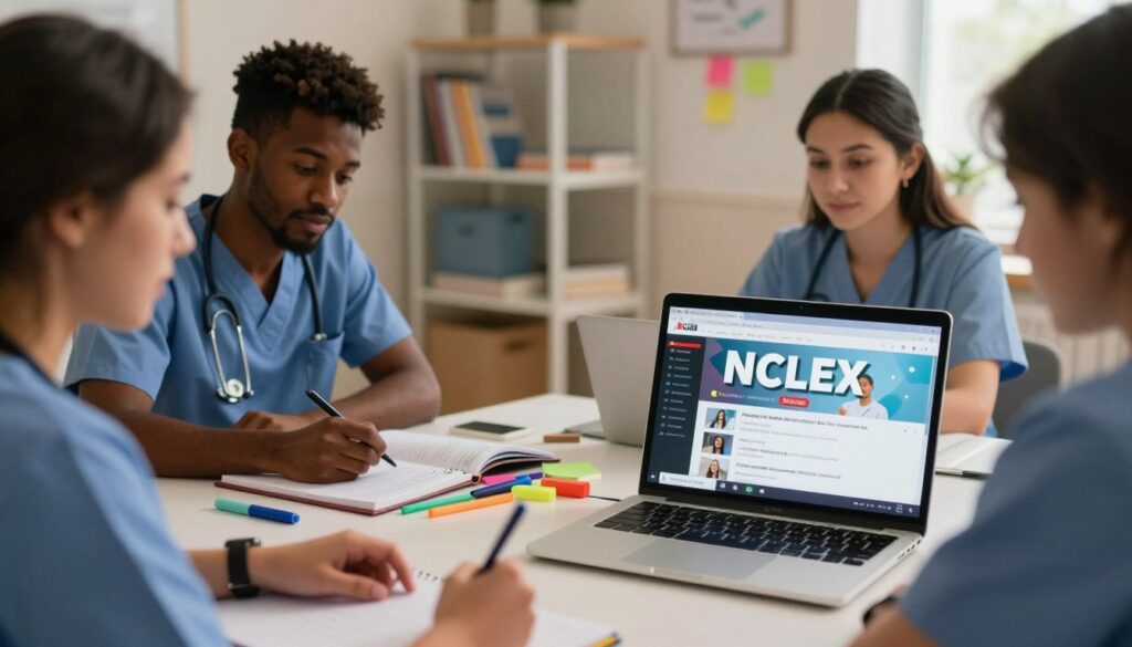 A dynamic scene showcasing NCLEX exam preparation videos on a computer screen, with a focus on a diverse group of nursing students engaging with the content. In the foreground, a laptop with an open YouTube window displaying a vibrant thumbnail of NCLEX study material. In the middle, a group of three students—one Black, one Hispanic, and one Caucasian—sitting around a cozy study table, attentively watching the video and taking notes. The background features a well-organized study space, decorated with nursing textbooks, highlighters, and sticky notes. Soft, warm lighting creates an inviting atmosphere, while a shallow depth of field highlights the students' expressions of concentration and determination, embodying the mood of dedication and focused study.