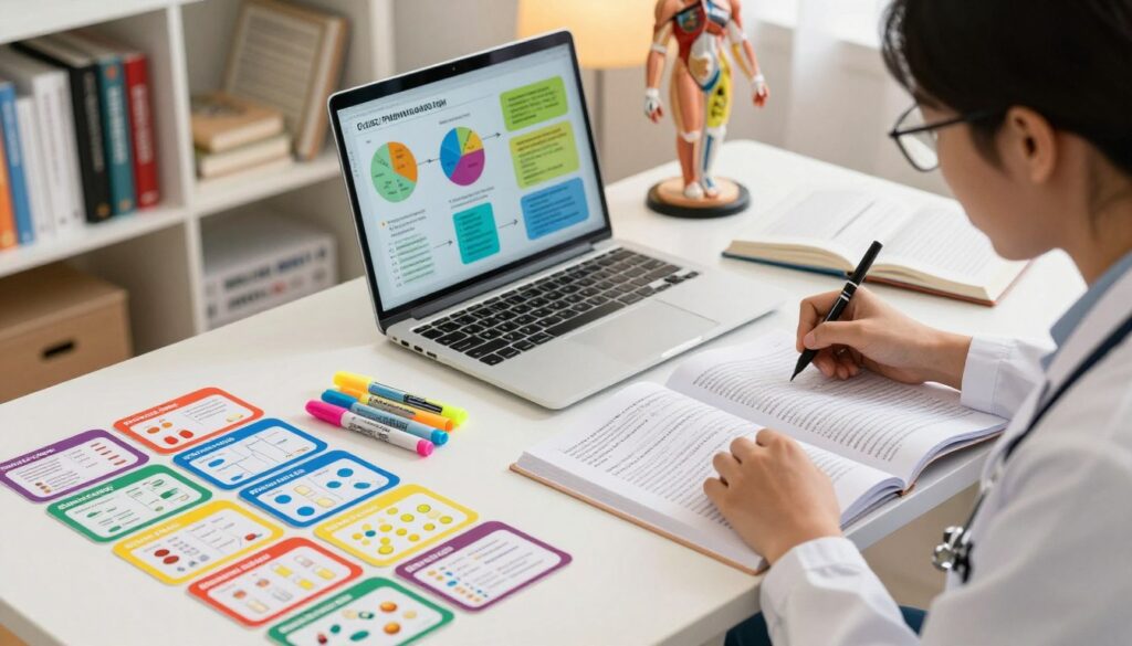 A dynamic study scene depicting quick pharmacology study methods for NCLEX, emphasizing high-yield drugs. In the foreground, a neatly organized study desk with color-coded flashcards featuring various medications, diagrams of drug mechanisms, and bright highlighters scattered. A focused student in professional attire sits attentively, highlighting notes in a textbook. In the middle, an open laptop displays key pharmacological concepts with vibrant charts illustrating drug classes. The background shows shelves filled with medical textbooks and anatomical models, bathed in soft, warm lighting, creating a motivating atmosphere. Capture this scene from a slightly elevated angle to give depth, conveying a sense of urgency and determination. The overall mood should be energetic and focused, ideal for effective study.