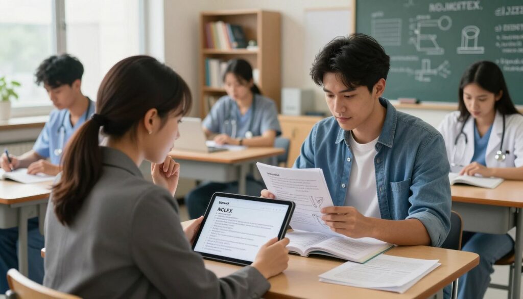 A dynamic study scene featuring a diverse group of nursing students engaged in practicing UWorld NCLEX questions. In the foreground, one student, a young woman in professional business attire, is intently reviewing a tablet displaying NCLEX questions, her expression thoughtful and focused. In the middle, a male student, dressed in casual yet tidy clothing, is flipping through a textbook filled with diagrams and notes about nursing concepts. The background showcases a well-lit, modern classroom with shelves filled with medical textbooks and a chalkboard filled with diagrams and notes about nursing practices. Soft, natural lighting filters through large windows, creating an atmosphere of motivation and collaboration as the students prepare for their exam. The image conveys a sense of seriousness and commitment to healthcare education. A dynamic study scene featuring a diverse group of nursing students engaged in practicing UWorld NCLEX questions. In the foreground, one student, a young woman in professional business attire, is intently reviewing a tablet displaying NCLEX questions, her expression thoughtful and focused. In the middle, a male student, dressed in casual yet tidy clothing, is flipping through a textbook filled with diagrams and notes about nursing concepts. The background showcases a well-lit, modern classroom with shelves filled with medical textbooks and a chalkboard filled with diagrams and notes about nursing practices. Soft, natural lighting filters through large windows, creating an atmosphere of motivation and collaboration as the students prepare for their exam. The image conveys a sense of seriousness and commitment to healthcare education.