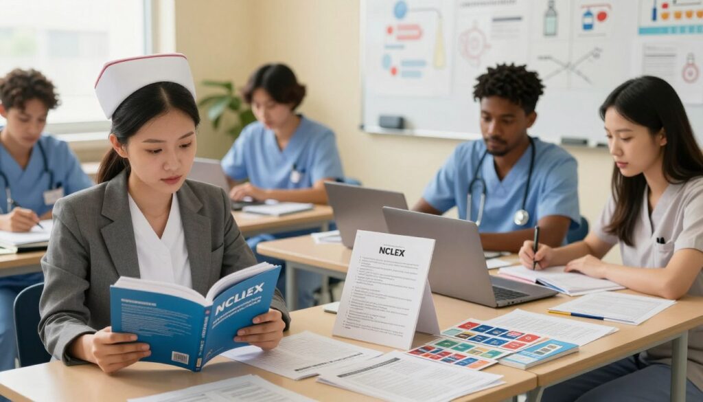 A focused NCLEX exam study scene, featuring a diverse group of test takers in a well-lit, modern classroom. In the foreground, a nurse in professional business attire studies an NCLEX review book with a thoughtful expression. The middle ground showcases a variety of nursing materials, such as a laptop, flashcards, and notes about safety protocols prominently displayed. The background includes a whiteboard filled with diagrams related to common safety themes like infection control and medication administration. Warm, inviting lighting enhances the atmosphere of diligence and seriousness. The camera angle is slightly elevated, capturing the essence of a supportive learning environment. The overall mood reflects focus and preparation for the important exam. A focused NCLEX exam study scene, featuring a diverse group of test takers in a well-lit, modern classroom. In the foreground, a nurse in professional business attire studies an NCLEX review book with a thoughtful expression. The middle ground showcases a variety of nursing materials, such as a laptop, flashcards, and notes about safety protocols prominently displayed. The background includes a whiteboard filled with diagrams related to common safety themes like infection control and medication administration. Warm, inviting lighting enhances the atmosphere of diligence and seriousness. The camera angle is slightly elevated, capturing the essence of a supportive learning environment. The overall mood reflects focus and preparation for the important exam.