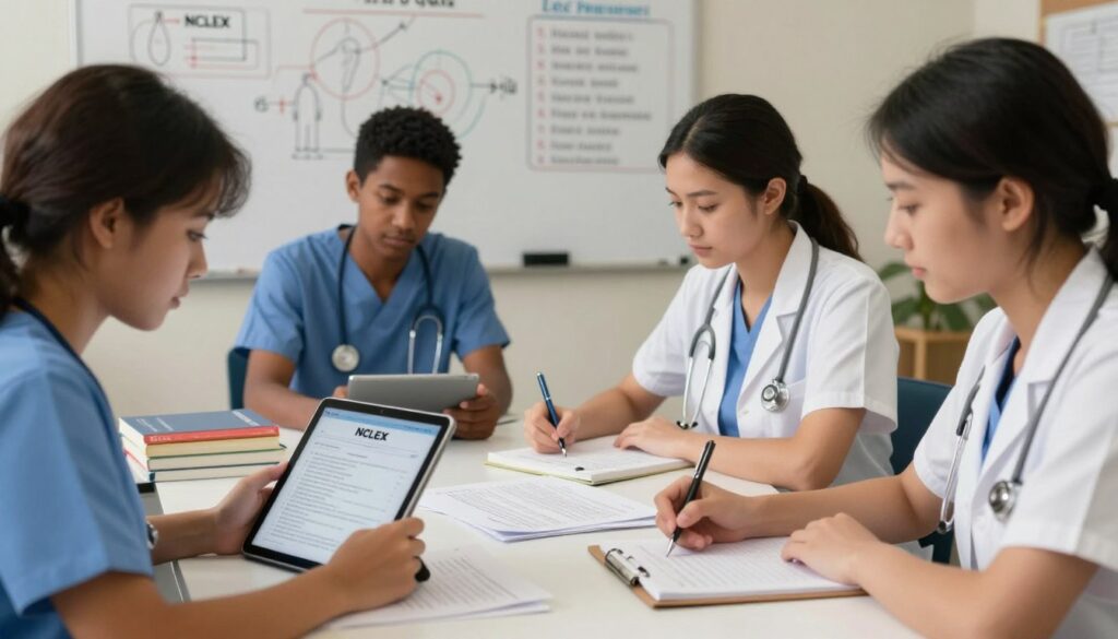 A focused NCLEX practice quiz scene, showcasing a diverse group of four nursing students in professional attire seated around a table. In the foreground, one student is intensely reading a question on a tablet device, while another is jotting notes on a notepad. The middle layer features scattered quiz sheets and textbooks, creating an atmosphere of active study. In the background, a whiteboard with complex diagrams and nursing mnemonics adds depth. The lighting is soft and warm, suggesting a cozy study environment, with a slight lens blur to emphasize the students in action. The mood is focused and determined, capturing the essence of preparing for the NCLEX exam through teamwork and collaboration. A focused NCLEX practice quiz scene, showcasing a diverse group of four nursing students in professional attire seated around a table. In the foreground, one student is intensely reading a question on a tablet device, while another is jotting notes on a notepad. The middle layer features scattered quiz sheets and textbooks, creating an atmosphere of active study. In the background, a whiteboard with complex diagrams and nursing mnemonics adds depth. The lighting is soft and warm, suggesting a cozy study environment, with a slight lens blur to emphasize the students in action. The mood is focused and determined, capturing the essence of preparing for the NCLEX exam through teamwork and collaboration.