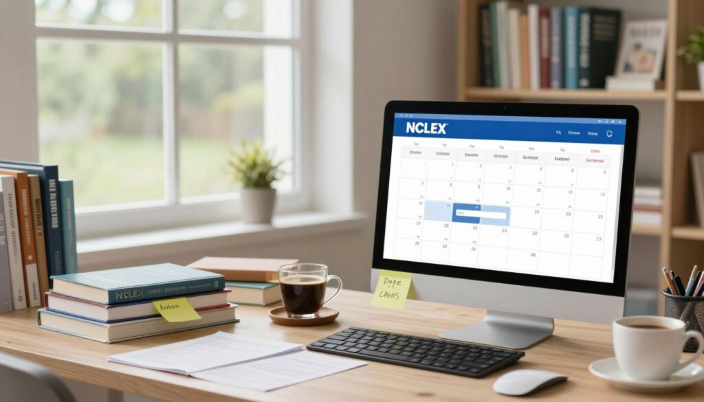 A focused and organized study desk setup in a bright, inviting room symbolizing the NCLEX exam rescheduling process. In the foreground, a computer screen displays an open calendar with the date of the NCLEX exam highlighted and an editable field prompting a date change. On the desk, a variety of study materials such as textbooks, sticky notes, and a cup of coffee create a studious atmosphere. In the middle ground, a light-filled window reveals a serene outdoor scene with greenery, conveying a sense of calm and hope. The background features a neatly arranged bookshelf filled with nursing reference books. The overall mood is encouraging and focused, with soft natural lighting enhancing the workspace ambiance.