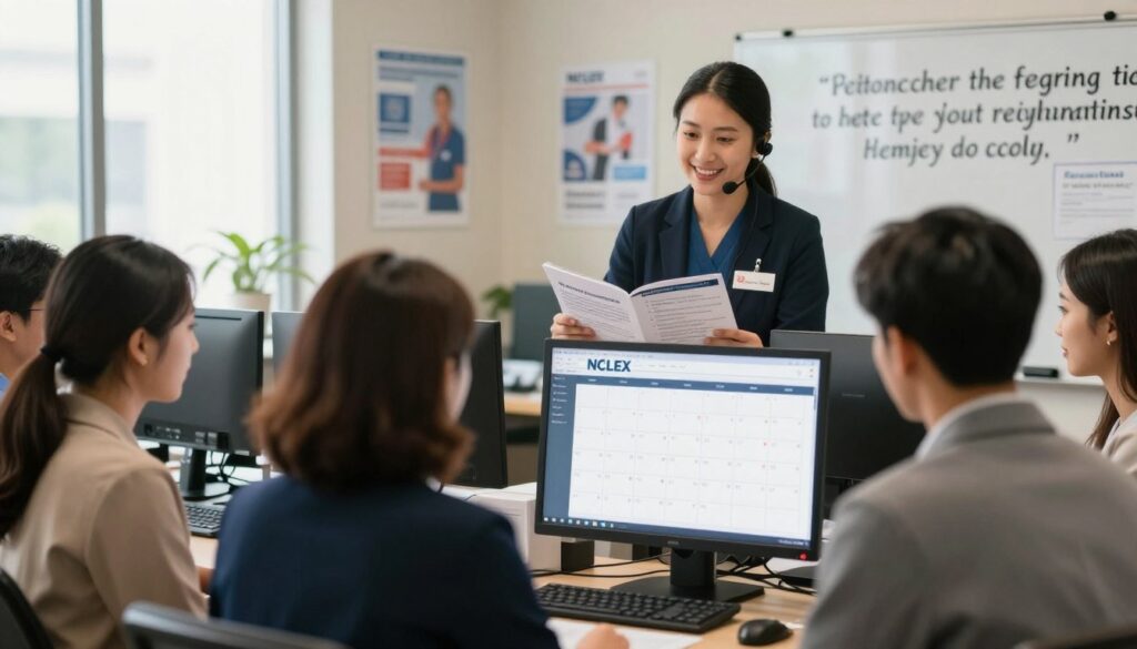 A focused and professional scene depicting the NCLEX registration process. In the foreground, a diverse group of nursing candidates, dressed in smart professional attire, are engaging with a computer setup showcasing a digital calendar filled with highlighted NCLEX registration dates. The middle ground features a friendly, attentive customer service representative assisting one of the candidates, with an open brochure displaying key registration details in soft focus. In the background, a light-filled office space with medical-related posters on the walls, and a motivational quote about nursing on the dry-erase board. The atmosphere is encouraging and organized, with natural lighting coming in from large windows, creating a warm, inviting glow, and a slight depth of field to highlight the main subject. A focused and professional scene depicting the NCLEX registration process. In the foreground, a diverse group of nursing candidates, dressed in smart professional attire, are engaging with a computer setup showcasing a digital calendar filled with highlighted NCLEX registration dates. The middle ground features a friendly, attentive customer service representative assisting one of the candidates, with an open brochure displaying key registration details in soft focus. In the background, a light-filled office space with medical-related posters on the walls, and a motivational quote about nursing on the dry-erase board. The atmosphere is encouraging and organized, with natural lighting coming in from large windows, creating a warm, inviting glow, and a slight depth of field to highlight the main subject.