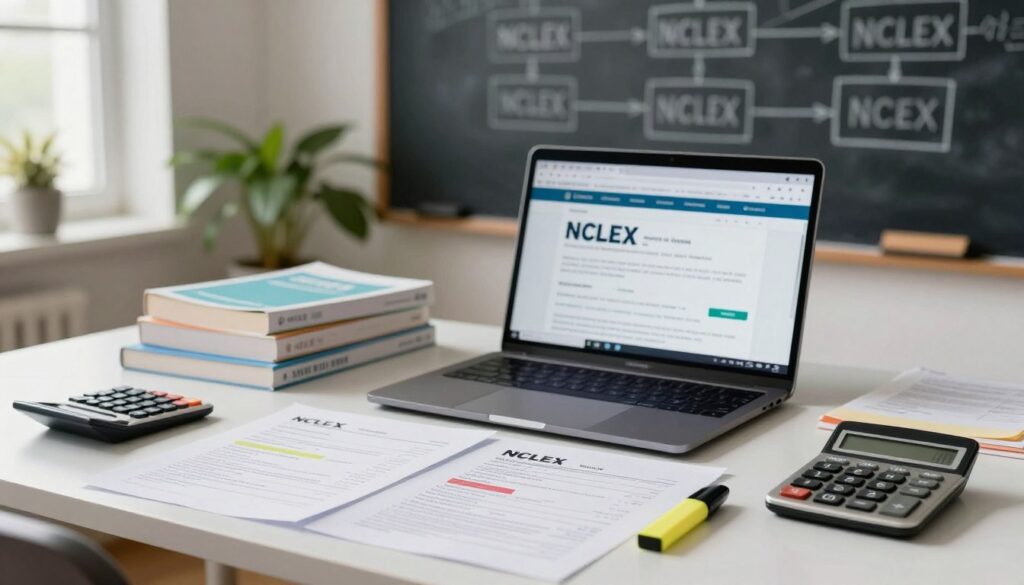 A focused and professional study room scene showcasing NCLEX exam results. In the foreground, a well-organized desk cluttered with NCLEX result sheets, highlighting passing and failing scores, with a calculator and highlighters. The middle ground features a laptop open to a study guide website, accompanied by textbooks and notes. In the background, a chalkboard displays a flowchart of the NCLEX testing process, partially obscured by a potted plant. Soft, natural light filters in through a window, casting gentle shadows, creating an atmosphere of concentration and determination. The composition emphasizes the importance of preparation and results, with a depth of field that keeps the focus on the desk items while softly blurring the background elements.