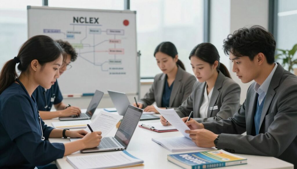 A focused and serene study environment featuring a diverse group of four adult nursing students, dressed in professional business attire, gathered around a large table covered with NCLEX review materials, including textbooks, laptops, and notes. The foreground shows a nursing student with a determined expression reviewing a study guide, while another writes notes with focus. In the middle ground, a whiteboard displays a flowchart outlining study strategies and resources. In the background, large windows let in soft, natural light, creating a calm atmosphere. The overall mood is one of concentration and collaboration, emphasizing the importance of choosing the right NCLEX review for repeat test takers. The angle captures the entire scene in a dynamic, inviting manner.