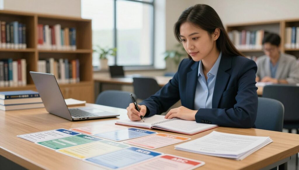A focused and serene study environment for nursing students, depicting a nursing professional in business attire, thoughtfully reviewing NCLEX prioritization questions. In the foreground, a close-up of colorful flashcards illustrating ABC (Airway, Breathing, Circulation) prioritization techniques, spread out on a wooden table. In the middle ground, a focused nursing student with a confident expression, taking notes while sitting at a desk laden with textbooks and a laptop, showcasing materials on prioritization. The background features a well-lit library with shelves filled with nursing textbooks and a large window allowing natural light to brighten the space. The overall mood is one of determination and clarity, with soft, encouraging lighting emphasizing concentration and study.