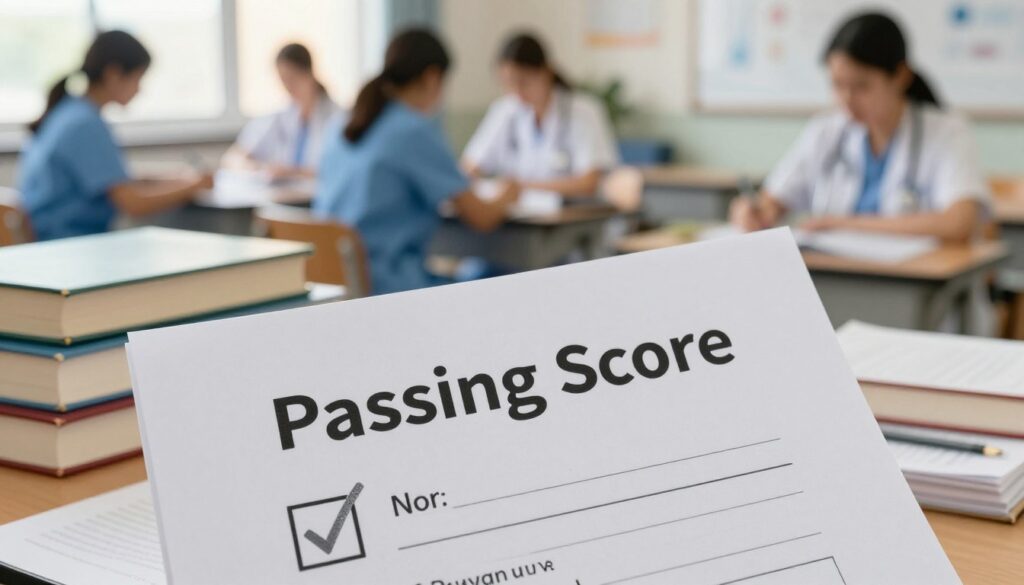 A focused composition highlighting an NCLEX passing score on a crisp sheet of paper placed prominently in the foreground. The paper should exhibit clear, bold text indicating "Passing Score" with a gleaming checkmark, symbolizing success. In the middle ground, scattered nursing books and study materials are positioned, representing the preparation journey. The background features a soft-focus image of a classroom setting with nursing students in professional attire, engaging in study sessions, emphasizing the academic atmosphere. Natural light flows through a window, casting a warm glow on the scene, enhancing the mood of achievement and motivation. The overall atmosphere should convey determination, excellence, and hope as aspiring nurses prepare for their futures. A focused composition highlighting an NCLEX passing score on a crisp sheet of paper placed prominently in the foreground. The paper should exhibit clear, bold text indicating "Passing Score" with a gleaming checkmark, symbolizing success. In the middle ground, scattered nursing books and study materials are positioned, representing the preparation journey. The background features a soft-focus image of a classroom setting with nursing students in professional attire, engaging in study sessions, emphasizing the academic atmosphere. Natural light flows through a window, casting a warm glow on the scene, enhancing the mood of achievement and motivation. The overall atmosphere should convey determination, excellence, and hope as aspiring nurses prepare for their futures.