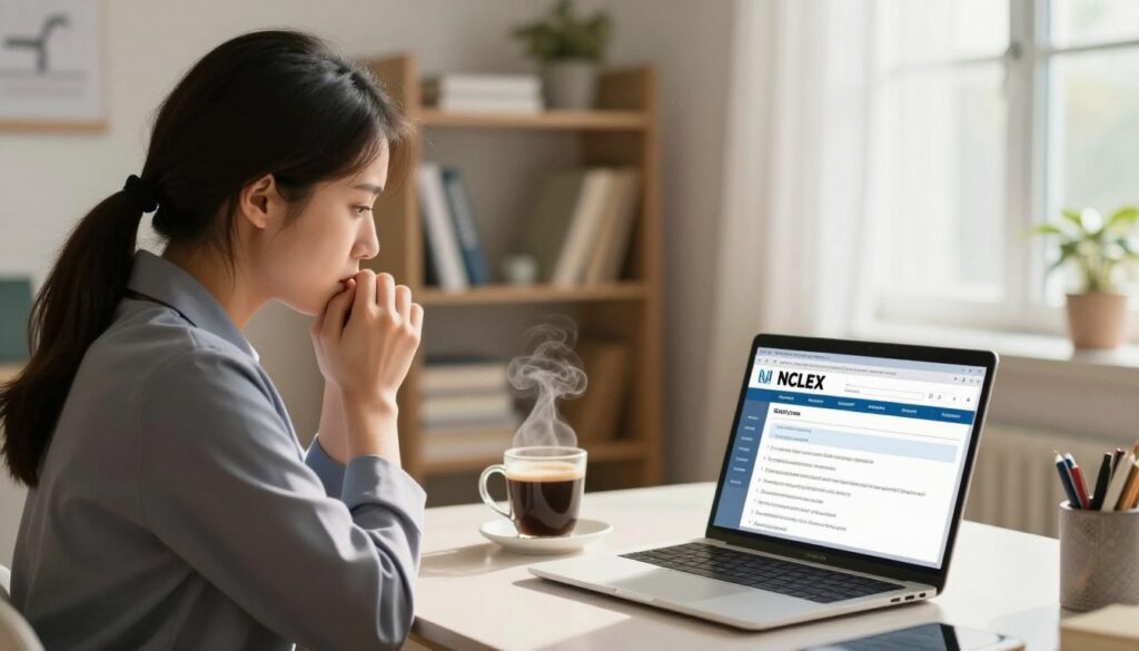 A focused composition of a nursing student anxiously waiting for their NCLEX exam results. In the foreground, the student, dressed in professional business attire, sits at a table with a laptop open, displaying a webpage with NCLEX results. Their expression shows a mix of hope and tension, with hands clasped in front of their mouth. In the middle ground, a cup of coffee steams beside them, symbolizing the long hours of study. The background reveals a softly lit study area with shelves filled with nursing textbooks and personal items, creating a warm, inviting atmosphere. Gentle natural light streams through a window, casting a serene glow, enhancing the contemplative mood of awaiting critical results.