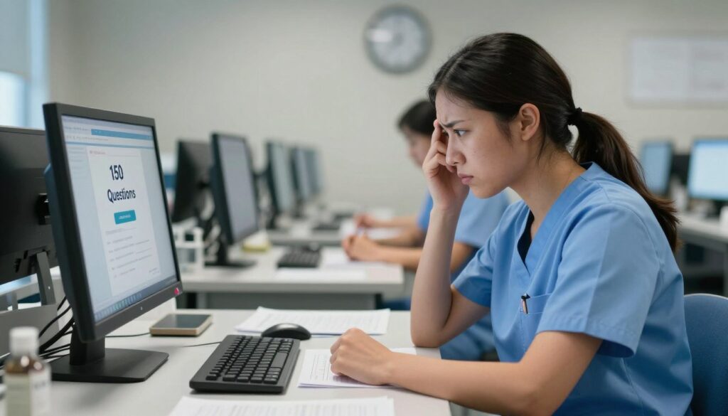 A focused exam room scene capturing the intense atmosphere of an NCLEX test-taking experience. In the foreground, a stressed but determined nursing candidate in professional attire, seated at a desk with a computer screen displaying a "150 Questions" message. The candidate's furrowed brow and clenched hands convey concentration and anxiety. In the middle ground, a row of empty desks with exam materials scattered, emphasizing the solemnity of the occasion. Soft, diffused lighting creates an almost clinical atmosphere, while a blurred background shows a clock ticking down, heightening the urgency of the moment. The overall mood reflects a blend of tension, anticipation, and determination, embodying the critical nature of the exam day experience.