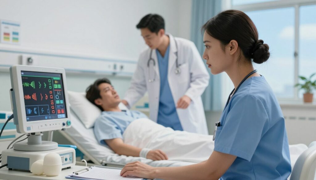 A focused medical scene illustrating the concept of recognizing patient deterioration in a hospital setting. In the foreground, a nurse in professional scrubs examines a patient’s vital signs on a high-tech monitor, showing alert indicators. The middle ground features a hospital bed with a patient appearing distressed, while a concerned doctor approaches, ready to assist. The background includes a brightly lit hospital room with medical equipment, charts, and a window showing a clear blue sky, symbolizing hope. Soft, natural lighting emphasizes the serious yet urgent mood, with depth of field drawing attention to the nurse’s attentive expression. The angle is slightly elevated, capturing the interaction as a moment of critical care without any text or distractions.
