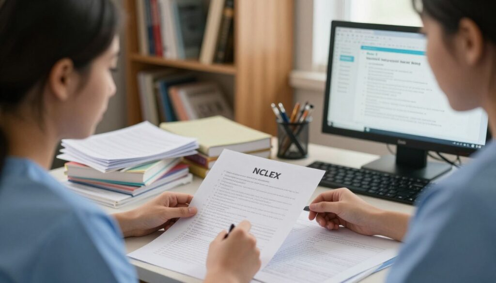 A focused nursing student during a practice test, seated at a desk cluttered with notes, textbooks, and a computer displaying NCLEX sample questions. In the foreground, highlight the student's hands, poised over an answer sheet, with a visible look of concentration. The middle layer features a soft, warm light illuminating the scene, suggesting a cozy study environment, while a bookshelf filled with nursing reference materials acts as the backdrop. The overall atmosphere is calm yet studious, evoking a sense of determination and focus. Capture this moment from a slight angle to enhance depth, with natural lighting filtering through a nearby window, creating a sense of clarity and motivation in the student's study space.