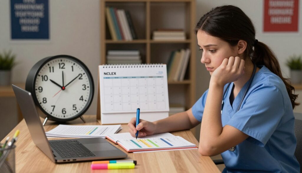A focused nursing student sitting at a study desk, surrounded by NCLEX exam materials and a clock prominently displaying the time, emphasizing the importance of time management. In the foreground, the student is dressed in professional attire, looking pensive yet determined, with highlighters and a laptop open, showcasing online resources. In the middle, a calendar with key study dates and a planner filled with color-coded time management techniques is visible. The background features a softly lit room, filled with bookshelves and motivational posters about stress management and exam success. The lighting is warm, creating an atmosphere of focus and determination, with a slight depth of field to maintain attention on the student’s efforts.