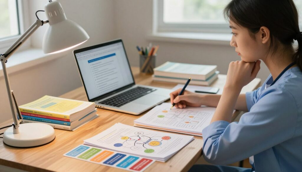 A focused nursing student sitting at a wooden desk, surrounded by colorful study materials like textbooks and flashcards, looking determined. The foreground shows a bright desk lamp casting warm light over the study area, illuminating notes with active learning techniques like mind maps and charts. In the middle ground, an open laptop displays interactive quizzes, enhancing the learning experience. Soft sunlight from a window in the background creates a positive, uplifting atmosphere, symbolizing clarity and progress. The student, dressed in professional casual attire, has a look of concentration on their face, embodying the theme of overcoming study blocks and encouraging a sense of achievement and resilience. The overall mood is motivational and empowering, ideal for a study environment. A focused nursing student sitting at a wooden desk, surrounded by colorful study materials like textbooks and flashcards, looking determined. The foreground shows a bright desk lamp casting warm light over the study area, illuminating notes with active learning techniques like mind maps and charts. In the middle ground, an open laptop displays interactive quizzes, enhancing the learning experience. Soft sunlight from a window in the background creates a positive, uplifting atmosphere, symbolizing clarity and progress. The student, dressed in professional casual attire, has a look of concentration on their face, embodying the theme of overcoming study blocks and encouraging a sense of achievement and resilience. The overall mood is motivational and empowering, ideal for a study environment.
