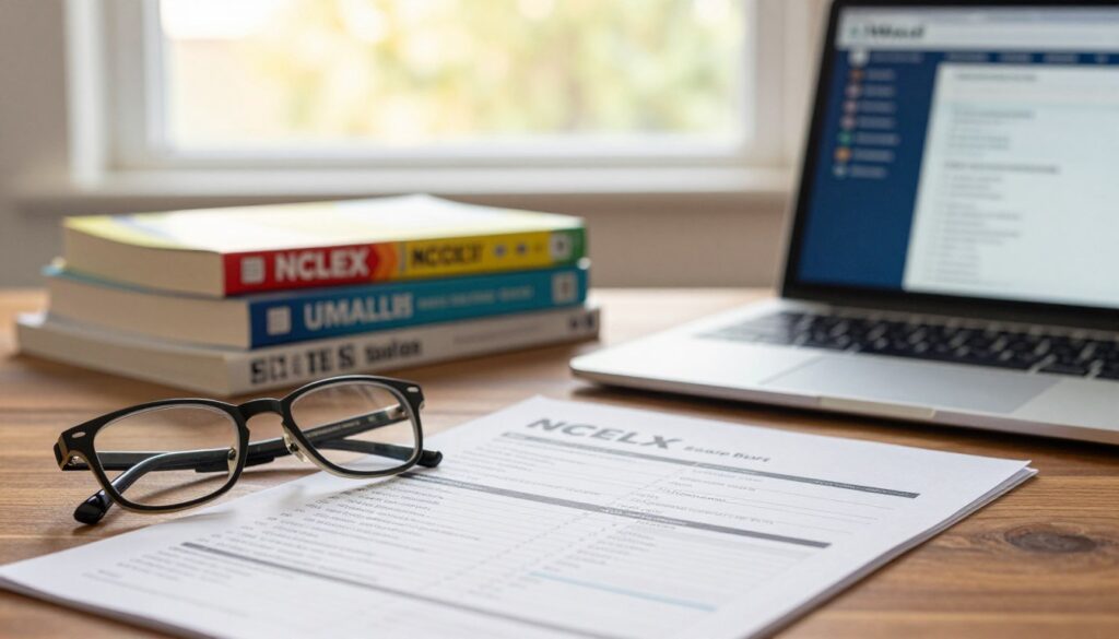 A focused scene depicting a UWorld NCLEX score report lying on a polished wooden desk, with a laptop open displaying a vibrant UWorld interface. In the foreground, a pair of professional glasses rests beside the report, glinting under soft, warm lighting, creating an inviting atmosphere. In the middle ground, a neat stack of NCLEX review books is partially visible, with colorful covers. In the background, a blurred window shows a bright, sunny day outside, adding a sense of hope and opportunity. The overall mood is determined and aspirational, highlighting the importance of achieving a good score in preparation for the NCLEX exam. The composition is captured with a shallow depth of field to emphasize the score report while keeping the surrounding elements slightly out of focus.