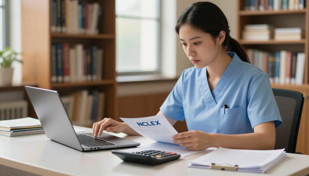 A focused scene depicting a nurse in professional attire, sitting at a sleek desk with a laptop open, and a scientific calculator beside her. She has a concentrated expression as she reviews NCLEX study materials scattered around. The background features a soft, blurred library setting with shelves filled with nursing textbooks and study guides, illuminated by warm, natural light streaming through a nearby window. The foreground highlights the calculator prominently, emphasizing its importance in the study process. The atmosphere is calm and conducive to learning, with a sense of determination and professionalism. The image captures the essence of preparing for the NCLEX, focusing on the tools and environment that support the candidate's journey.