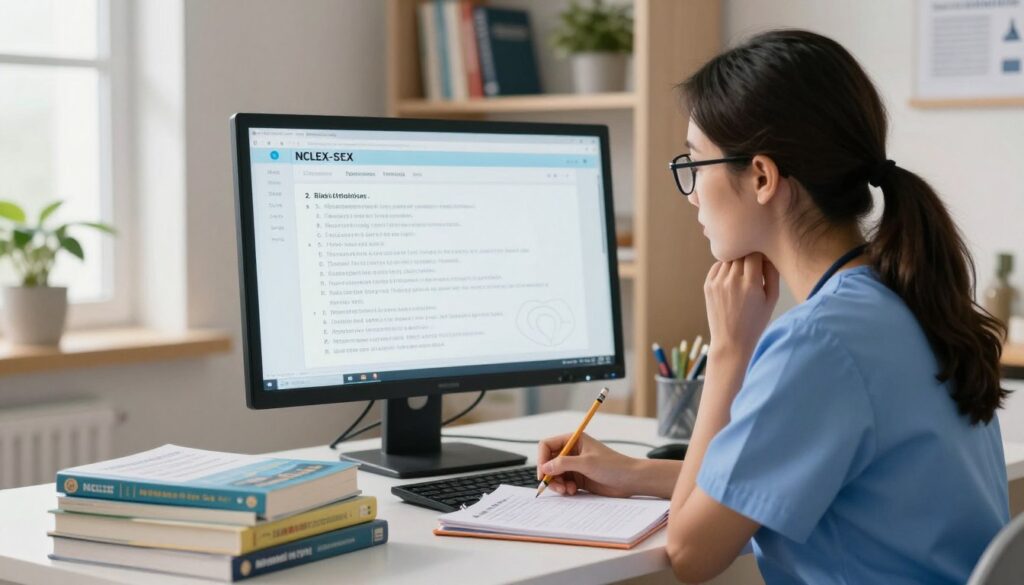 A focused scene depicting a nursing professional thoughtfully engaging with a computer screen displaying NCLEX-style questions in a modern, well-lit study environment. In the foreground, the nurse, wearing professional scrubs and glasses, is taking notes with a pencil, surrounded by textbooks and nursing reference materials. The middle layer features a large monitor showing abstract question formats and diagrams representing critical thinking strategies. The background displays a bookshelf stocked with medical literature and a potted plant, creating a calming atmosphere conducive to study. Soft, natural lighting filters through a nearby window, casting gentle shadows, enhancing the mood of concentration and determination. The overall feeling should inspire dedication and intellectual engagement in nursing education.