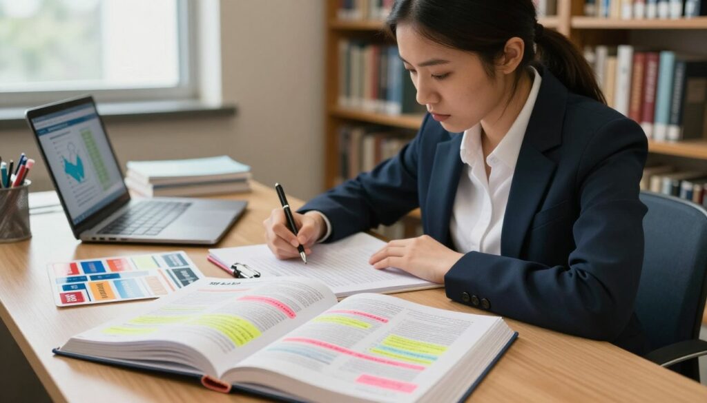 A focused scene depicting a nursing student sitting at a desk, deeply immersed in studying for the NCLEX exam. The foreground features an open textbook with highlighted sections and colorful sticky notes, symbolizing challenging material. In the middle, the student, dressed in professional business attire, has a look of determination and concentration, surrounded by motivational study materials such as flashcards and a laptop displaying graphs. The background shows a softly lit library setting, with shelves of medical books and a window allowing natural light to illuminate the space. The atmosphere is one of focused intensity and determination, underpinned by the urgency of exam preparation, capturing the essence of the NCLEX's difficulty. A focused scene depicting a nursing student sitting at a desk, deeply immersed in studying for the NCLEX exam. The foreground features an open textbook with highlighted sections and colorful sticky notes, symbolizing challenging material. In the middle, the student, dressed in professional business attire, has a look of determination and concentration, surrounded by motivational study materials such as flashcards and a laptop displaying graphs. The background shows a softly lit library setting, with shelves of medical books and a window allowing natural light to illuminate the space. The atmosphere is one of focused intensity and determination, underpinned by the urgency of exam preparation, capturing the essence of the NCLEX's difficulty.