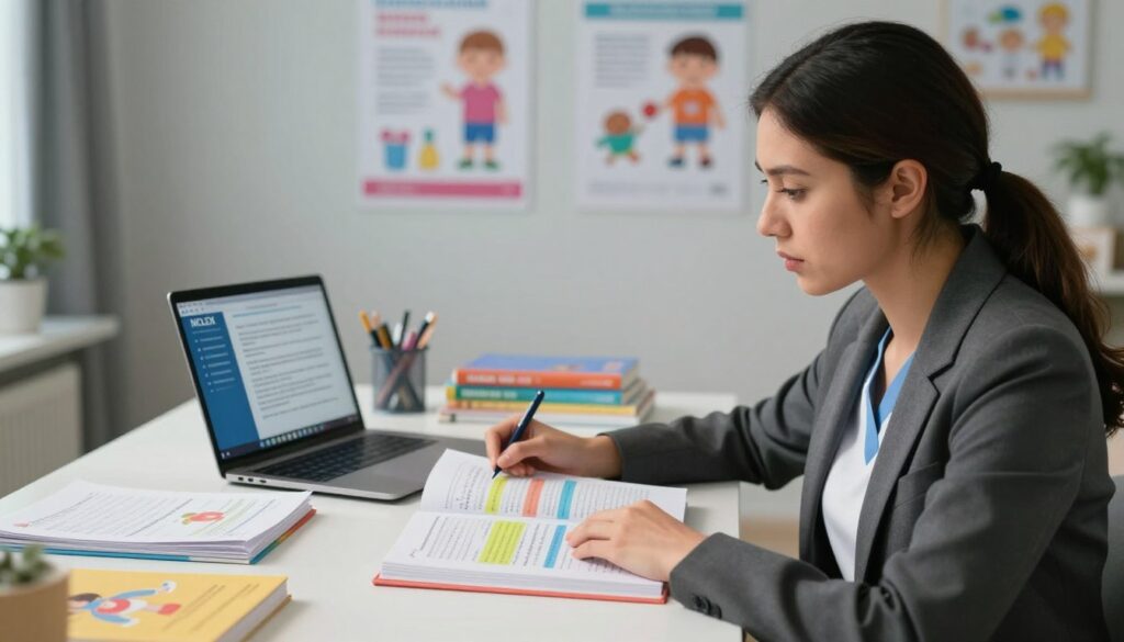 A focused scene depicting a pediatric nursing student studying essential nursing concepts for the NCLEX exam. In the foreground, a female nursing student in professional business attire, sitting at a study desk, surrounded by colorful pediatric charts and textbooks. Her expression is one of concentration and determination. In the middle, an open textbook with highlighted sections on pediatric care, alongside a well-organized workspace with notes and a laptop displaying a study app. In the background, a softly lit study room filled with educational posters featuring pediatric nursing concepts, and a gentle light illuminating the scene, creating a calm and inspiring atmosphere. The overall mood is motivational and focused, emphasizing dedication to learning in the field of pediatric nursing. A focused scene depicting a pediatric nursing student studying essential nursing concepts for the NCLEX exam. In the foreground, a female nursing student in professional business attire, sitting at a study desk, surrounded by colorful pediatric charts and textbooks. Her expression is one of concentration and determination. In the middle, an open textbook with highlighted sections on pediatric care, alongside a well-organized workspace with notes and a laptop displaying a study app. In the background, a softly lit study room filled with educational posters featuring pediatric nursing concepts, and a gentle light illuminating the scene, creating a calm and inspiring atmosphere. The overall mood is motivational and focused, emphasizing dedication to learning in the field of pediatric nursing.