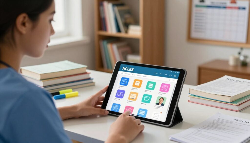 A focused scene depicting a young nursing student thoughtfully exploring various NCLEX study apps on a sleek tablet. In the foreground, her hands are resting on the tablet, showing colorful app icons reflecting study materials and practice questions. In the middle ground, a study desk cluttered with nursing textbooks, highlighters, and notes enhances the academic atmosphere. In the background, a softly lit room reveals a bookshelf filled with medical reference books and a bulletin board showcasing inspiration and study schedules. Warm, natural lighting filters through a nearby window, creating an inviting and motivational mood. The overall atmosphere conveys determination and resourcefulness in selecting the best study app for NCLEX preparation.