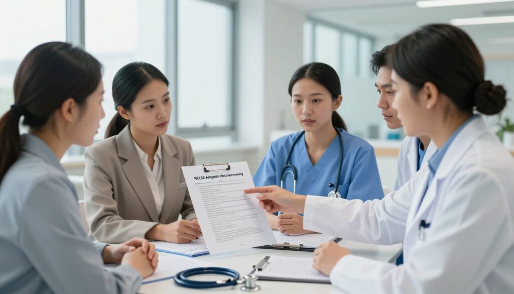 A focused scene illustrating "NCLEX delegation decision making," featuring a diverse group of healthcare professionals engaged in a discussion. In the foreground, a nurse in professional scrubs and a lab coat points at a chart outlining tasks while colleagues, dressed in business attire, listen attentively. The middle ground shows a table scattered with medical documents, a stethoscope, and nursing tools, emphasizing the complexity of delegation. The background depicts a bright, modern hospital environment with large windows allowing natural light to flood the room, creating a clear and inviting atmosphere. The lighting is soft yet bright, conveying professionalism and focus. The angle captures the team’s interaction, highlighting the significance of avoiding delegation mistakes. The overall mood is one of collaboration and learning, symbolizing the serious nature of nursing responsibilities. A focused scene illustrating "NCLEX delegation decision making," featuring a diverse group of healthcare professionals engaged in a discussion. In the foreground, a nurse in professional scrubs and a lab coat points at a chart outlining tasks while colleagues, dressed in business attire, listen attentively. The middle ground shows a table scattered with medical documents, a stethoscope, and nursing tools, emphasizing the complexity of delegation. The background depicts a bright, modern hospital environment with large windows allowing natural light to flood the room, creating a clear and inviting atmosphere. The lighting is soft yet bright, conveying professionalism and focus. The angle captures the team’s interaction, highlighting the significance of avoiding delegation mistakes. The overall mood is one of collaboration and learning, symbolizing the serious nature of nursing responsibilities.