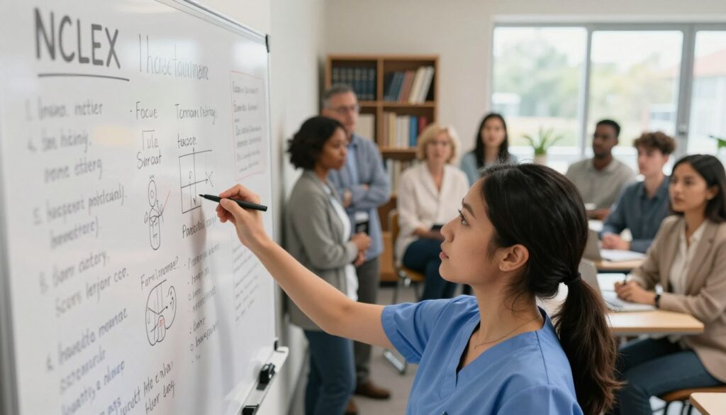 A focused scene of a nursing student writing strategically on a large whiteboard during an NCLEX study session. The foreground features a close-up view of the whiteboard filled with organized notes, diagrams, and key nursing concepts, all written in clear, legible handwriting. In the middle, a diverse group of students in professional attire, including scrubs and business casual clothing, are actively engaged in discussion, some pointing at the whiteboard. The background shows a well-lit study room with soft natural lighting streaming in, creating an inviting atmosphere. A bookshelf filled with nursing textbooks can be seen on one side, and a large window with a serene outdoor view subtly enhances the scene. The overall mood is collaborative and focused, emphasizing effective note-taking strategies for success.
