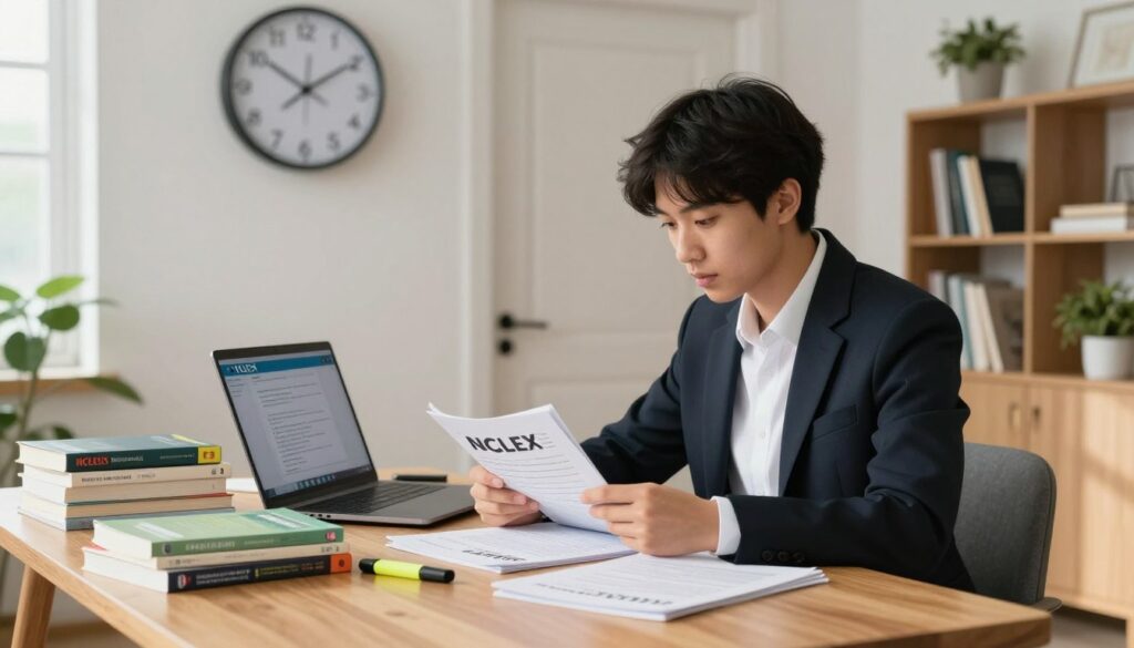 A focused student, dressed in professional business attire, sits at a tidy wooden desk in a well-lit, organized study space. In the foreground, the student is intently reviewing NCLEX study materials, surrounded by neatly stacked textbooks, highlighters, and a laptop displaying study resources. In the middle ground, a large wall clock shows the time, emphasizing the urgency of studying, while a closed door subtly indicates the absence of distractions. The background features a calming bookshelf with plants, creating a serene atmosphere. Soft natural light filters through a window, casting gentle shadows that enhance concentration. The mood is one of determination and focus, illustrating the importance of minimizing distractions while preparing for the NCLEX exam. A focused student, dressed in professional business attire, sits at a tidy wooden desk in a well-lit, organized study space. In the foreground, the student is intently reviewing NCLEX study materials, surrounded by neatly stacked textbooks, highlighters, and a laptop displaying study resources. In the middle ground, a large wall clock shows the time, emphasizing the urgency of studying, while a closed door subtly indicates the absence of distractions. The background features a calming bookshelf with plants, creating a serene atmosphere. Soft natural light filters through a window, casting gentle shadows that enhance concentration. The mood is one of determination and focus, illustrating the importance of minimizing distractions while preparing for the NCLEX exam.