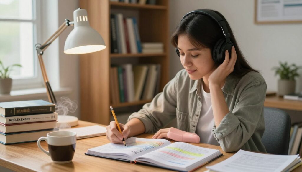 A focused student in a cozy, well-lit study room is seated at a wooden desk, surrounded by textbooks and notes, headphones on, immersed in music while studying for the NCLEX exam. The foreground features an open notebook with colorful study notes and a steaming cup of coffee, adding a sense of warmth. In the middle, the student, dressed in comfortable yet modest attire, looks content and engaged, tapping a pencil rhythmically to the beat of the music. The background showcases a bookshelf filled with educational resources, along with a soft glow from a desk lamp illuminating the space. The overall atmosphere is calm and productive, enhanced by natural light streaming through a window, creating a serene study environment.