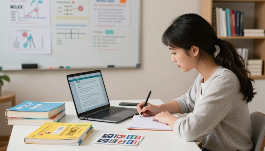 A focused student studying for the NCLEX sits at a well-organized study desk in the foreground, surrounded by essential prep resources like textbooks, study guides, and flashcards. The student, a young woman dressed in modest, casual attire, is writing notes while looking at a laptop displaying NCLEX practice questions. In the middle ground, a whiteboard filled with diagrams and important nursing concepts adds vibrancy and structure. In the background, a well-lit room with a bookshelf full of medical literature creates a warm and inviting atmosphere. Soft, diffused lighting highlights the student’s concentration and determination, embodying a productive study environment. The overall mood is one of focus, motivation, and effective learning strategies.