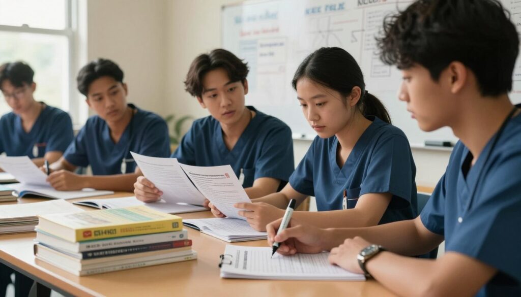 A focused study atmosphere showcasing a diverse group of nursing students engaged in intense preparation for the NCLEX. In the foreground, one student sits at a desk piled with textbooks and practice question sheets, scribbling notes with a highlighter in hand. The middle ground features two students discussing answers to a practice question, their expressions show determination and collaboration. The background displays a large whiteboard filled with NCLEX strategies and diagrams, bathed in warm, natural light coming from a nearby window. The scene captures a sense of urgency and motivation, emphasizing teamwork and effective study habits. The mood is inspiring and energetic, with a soft depth of field effect to keep the focus on the students.