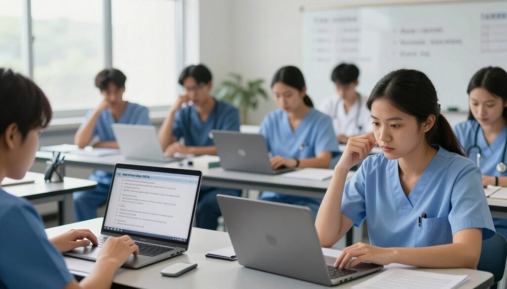 A focused study environment depicting a diverse group of nursing students in a modern classroom setting, intensely engaged in a test-taking scenario with select-all-that-apply (SATA) questions visible on their screens. In the foreground, a woman in professional attire, looking determined, is reviewing her notes. The middle ground features her classmates, some discussing their answers quietly while others type on laptops, with screens displaying multiple-choice questions and answers, hinting at the complexity of SATA questions. The background includes a whiteboard with nursing concepts, softly illuminated by natural light streaming through large windows, creating an atmosphere of concentration and support. The image captures the tension and hope of passing the NCLEX, emphasizing teamwork and focus in a clean, organized space. A focused study environment depicting a diverse group of nursing students in a modern classroom setting, intensely engaged in a test-taking scenario with select-all-that-apply (SATA) questions visible on their screens. In the foreground, a woman in professional attire, looking determined, is reviewing her notes. The middle ground features her classmates, some discussing their answers quietly while others type on laptops, with screens displaying multiple-choice questions and answers, hinting at the complexity of SATA questions. The background includes a whiteboard with nursing concepts, softly illuminated by natural light streaming through large windows, creating an atmosphere of concentration and support. The image captures the tension and hope of passing the NCLEX, emphasizing teamwork and focus in a clean, organized space.