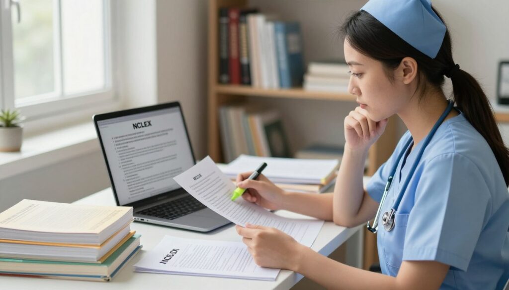 A focused study environment depicting a nurse in professional attire, sitting at a desk filled with NCLEX study materials, textbooks, and notes on ethics questions. In the foreground, the nurse is thoughtfully analyzing a complex NCLEX ethics question, with one hand on her chin and the other holding a highlighter. The middle ground features an open laptop displaying a simulated NCLEX ethics question. The background is softly blurred, displaying a bookshelf filled with medical texts and ethical guidelines, illuminated by natural light streaming through a nearby window, creating a warm and inviting atmosphere. The overall mood is one of concentration and determination, encouraging effective study habits for nursing students. A focused study environment depicting a nurse in professional attire, sitting at a desk filled with NCLEX study materials, textbooks, and notes on ethics questions. In the foreground, the nurse is thoughtfully analyzing a complex NCLEX ethics question, with one hand on her chin and the other holding a highlighter. The middle ground features an open laptop displaying a simulated NCLEX ethics question. The background is softly blurred, displaying a bookshelf filled with medical texts and ethical guidelines, illuminated by natural light streaming through a nearby window, creating a warm and inviting atmosphere. The overall mood is one of concentration and determination, encouraging effective study habits for nursing students.