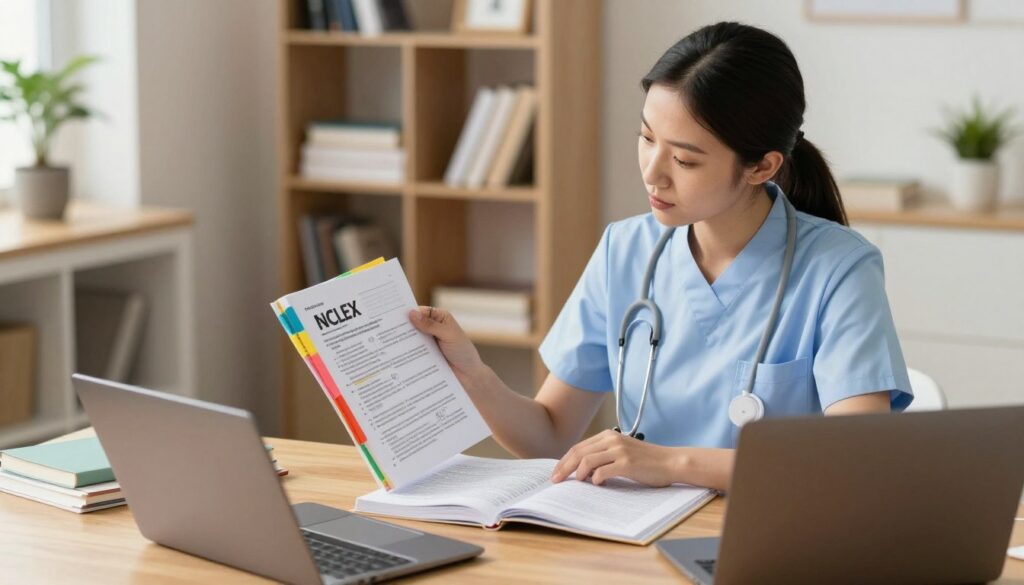 A focused study environment depicting a nurse reviewing NCLEX rationales effectively. In the foreground, a young nurse in professional attire, seated at a wooden desk, surrounded by textbooks and a laptop, intently highlighting important notes. The middle ground features an open NCLEX study guide with colorful tabs, diagrams, and annotations visible. The background shows a softly lit room with shelves filled with medical textbooks and a potted plant, creating a calming atmosphere. Use warm, natural lighting to illuminate the scene, emphasizing the nurse's concentration. Capture the image from a slightly elevated angle to provide a comprehensive view of the study space, instilling a mood of determination and clarity as the nurse breaks down complex rationales.
