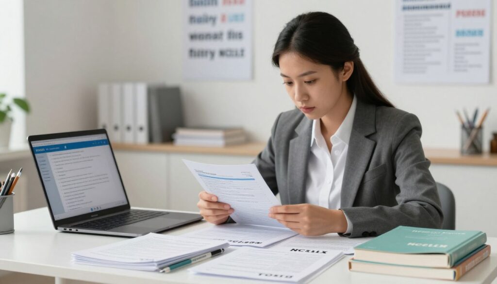 A focused study environment depicting a nursing student preparing for the NCLEX exam. In the foreground, show a desk cluttered with NCLEX practice questions and textbooks, alongside a laptop displaying a practice test interface. In the middle ground, include the student, a young woman in professional business attire, intensely reviewing the materials with a look of concentration. The background should feature a well-organized study space with soft lighting, highlighting a wall filled with motivational quotes and charts. Use a shallow depth of field to keep the focus on the student and her study materials, while giving a slightly blurred effect to the background, creating a tranquil yet serious atmosphere that conveys the complexity and pressure of test preparation. A focused study environment depicting a nursing student preparing for the NCLEX exam. In the foreground, show a desk cluttered with NCLEX practice questions and textbooks, alongside a laptop displaying a practice test interface. In the middle ground, include the student, a young woman in professional business attire, intensely reviewing the materials with a look of concentration. The background should feature a well-organized study space with soft lighting, highlighting a wall filled with motivational quotes and charts. Use a shallow depth of field to keep the focus on the student and her study materials, while giving a slightly blurred effect to the background, creating a tranquil yet serious atmosphere that conveys the complexity and pressure of test preparation.