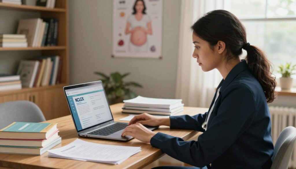 A focused study environment depicting a nursing student preparing for the NCLEX maternity exam. In the foreground, a diverse nursing student, dressed in professional business attire, sits at a wooden desk surrounded by textbooks and notes on maternity nursing topics. The middle ground features a laptop open to a study portal with maternity-related resources visible on the screen. In the background, a cozy and well-lit room with shelves containing medical books and posters of maternal health concepts. The warm lighting creates an inviting atmosphere, emphasizing concentration and determination. A nearby window shows soft natural light streaming in, enhancing the focus on the student’s studying efforts. A focused study environment depicting a nursing student preparing for the NCLEX maternity exam. In the foreground, a diverse nursing student, dressed in professional business attire, sits at a wooden desk surrounded by textbooks and notes on maternity nursing topics. The middle ground features a laptop open to a study portal with maternity-related resources visible on the screen. In the background, a cozy and well-lit room with shelves containing medical books and posters of maternal health concepts. The warm lighting creates an inviting atmosphere, emphasizing concentration and determination. A nearby window shows soft natural light streaming in, enhancing the focus on the student’s studying efforts.