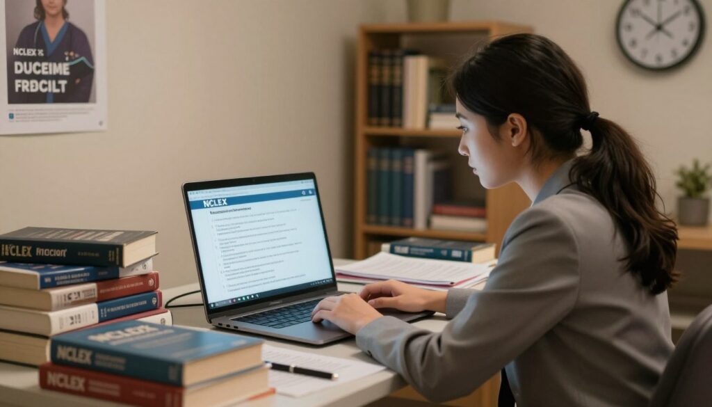 A focused study environment depicting a nursing student taking an NCLEX predictor exam. In the foreground, a female student in professional business attire, sitting at a desk cluttered with books and a laptop, looks intently at a computer screen displaying NCLEX-related questions. In the middle, soft lighting illuminates the room, creating a warm atmosphere, with a motivational poster on the wall that subtly suggests success. The background shows shelves filled with nursing textbooks and a clock indicating time pressure, enhancing the exam setting. The overall mood is one of determination and focus, reflecting the importance of NCLEX predictor exams in preparing nursing students for success. The perspective is slightly above the student, capturing her concentration and the exam's significance. A focused study environment depicting a nursing student taking an NCLEX predictor exam. In the foreground, a female student in professional business attire, sitting at a desk cluttered with books and a laptop, looks intently at a computer screen displaying NCLEX-related questions. In the middle, soft lighting illuminates the room, creating a warm atmosphere, with a motivational poster on the wall that subtly suggests success. The background shows shelves filled with nursing textbooks and a clock indicating time pressure, enhancing the exam setting. The overall mood is one of determination and focus, reflecting the importance of NCLEX predictor exams in preparing nursing students for success. The perspective is slightly above the student, capturing her concentration and the exam's significance.