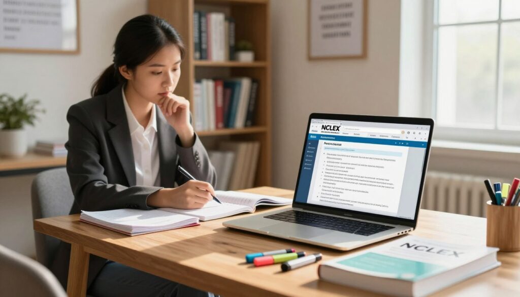 A focused study environment depicting an NCLEX exam practice scenario. In the foreground, a well-organized wooden desk holds a laptop displaying a practice question interface, several textbooks on nursing, and a set of colorful highlighters. The middle ground features a cozy chair where a nursing student, dressed in professional business attire, is taking notes and thoughtfully analyzing practice questions. Behind them, a softly lit bookshelf displays nursing reference materials and motivational quotes framed on the wall. The scene is illuminated by warm, natural sunlight streaming through a window, creating a calm and inspiring atmosphere. The overall mood conveys dedication and clarity, emphasizing the importance of daily practice in preparing for the NCLEX exam. A focused study environment depicting an NCLEX exam practice scenario. In the foreground, a well-organized wooden desk holds a laptop displaying a practice question interface, several textbooks on nursing, and a set of colorful highlighters. The middle ground features a cozy chair where a nursing student, dressed in professional business attire, is taking notes and thoughtfully analyzing practice questions. Behind them, a softly lit bookshelf displays nursing reference materials and motivational quotes framed on the wall. The scene is illuminated by warm, natural sunlight streaming through a window, creating a calm and inspiring atmosphere. The overall mood conveys dedication and clarity, emphasizing the importance of daily practice in preparing for the NCLEX exam.
