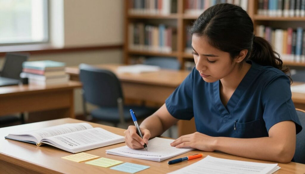 A focused study environment during a nursing exam, featuring a female nursing student seated at a wooden desk, taking notes on blank sheets with colored pens scattered around. In the foreground, the student is dressed in professional attire, showing concentration as she writes. The middle ground includes an open NCLEX test booklet beside her, and scattered index cards with reminders. The background is blurred, showcasing a softly lit library filled with medical textbooks and a view of a window allowing natural light to pour in. The atmosphere is calm and serious, reinforcing the importance of preparation for the exam while illustrating the note-taking regulations for the NCLEX. The lighting is warm and inviting, enhancing the determination and focus of the student.